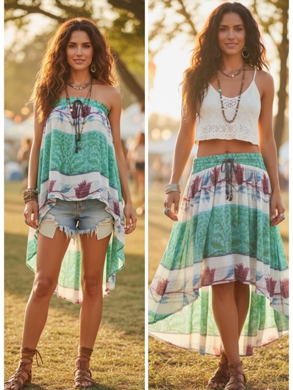 Free People Boho Floral High Low Skirt Smocked Waist Festival Convertible Top